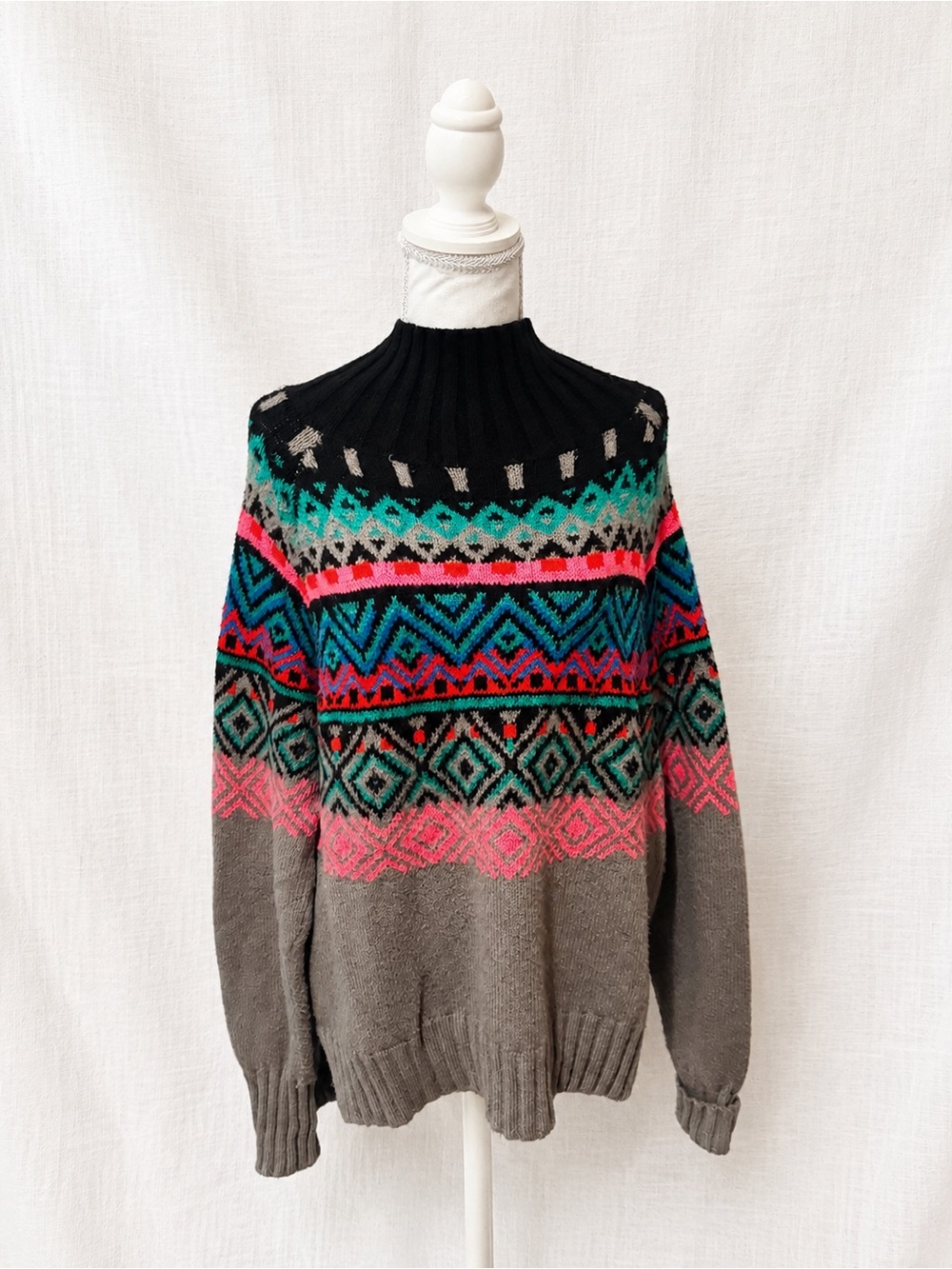Kismet Black and Gray Turtleneck Sweater with Multicolor Fair Isle